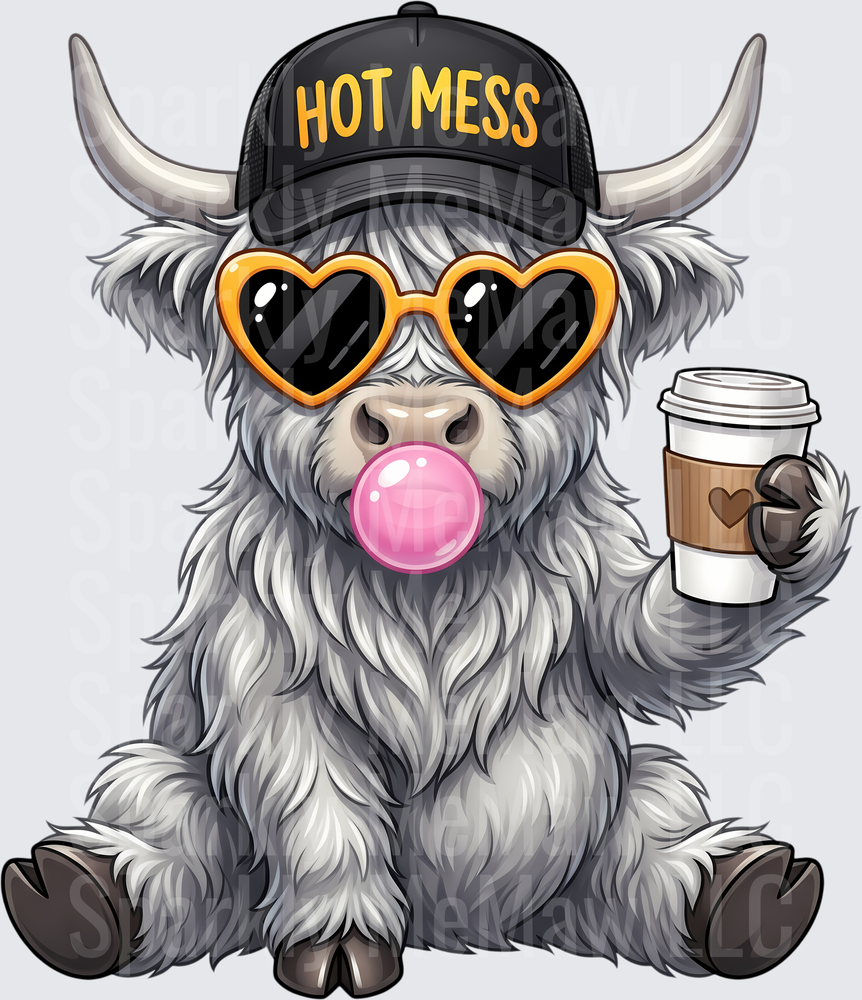 Hot Mess Highland Cow with Heart Sunglasses Blowing Bubble Gum Holding Coffee Cup UV DTF Decal