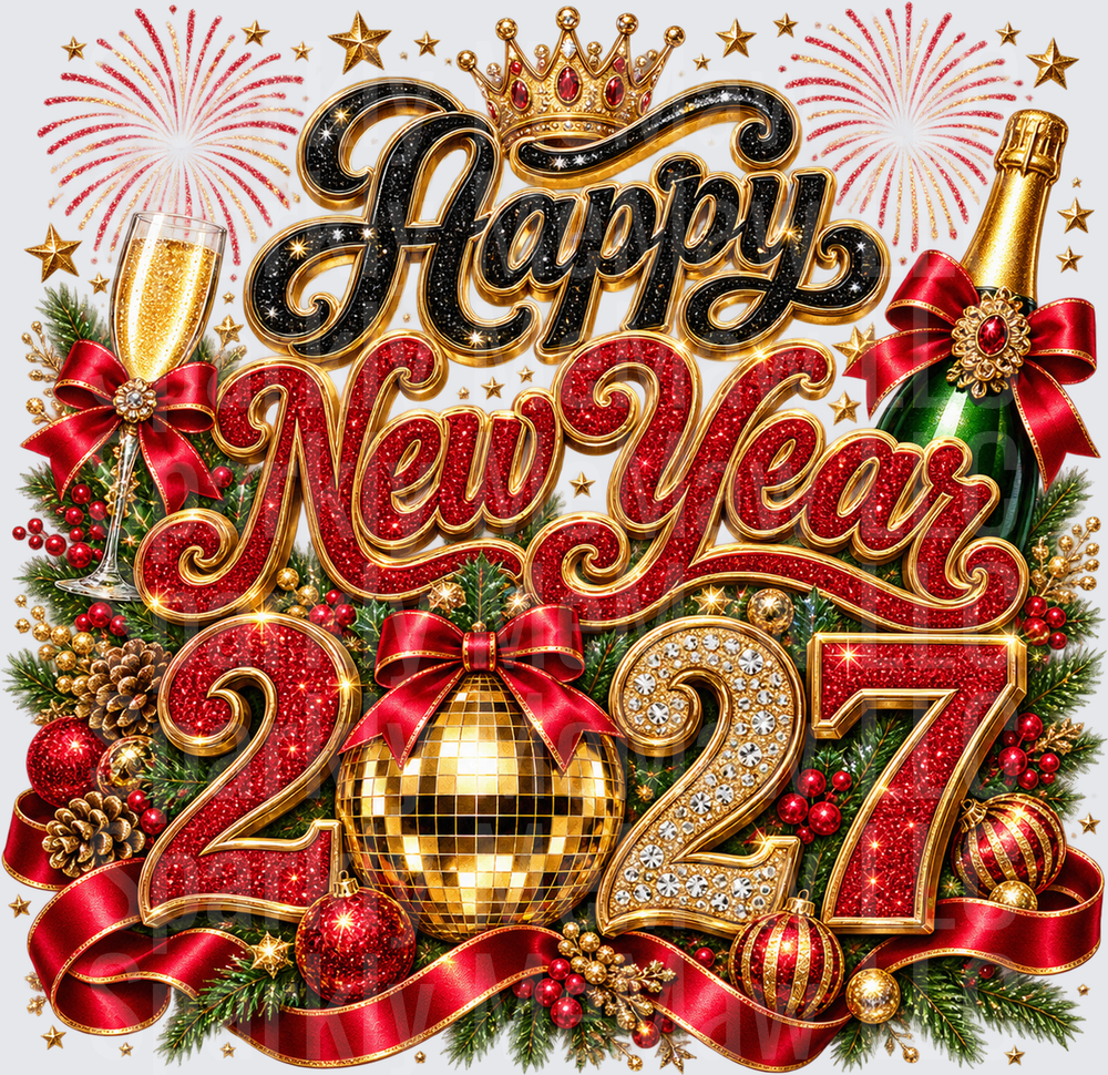 Happy New Year 2027 Glitter Celebration is a DTF Transfer for Fabrics