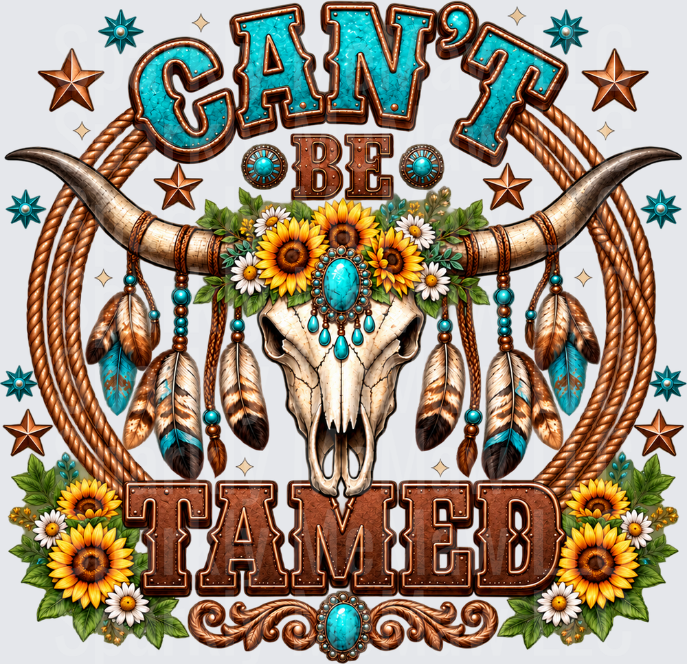 Can't Be Tamed Boho Longhorn Skull DTF Transfer for Fabrics