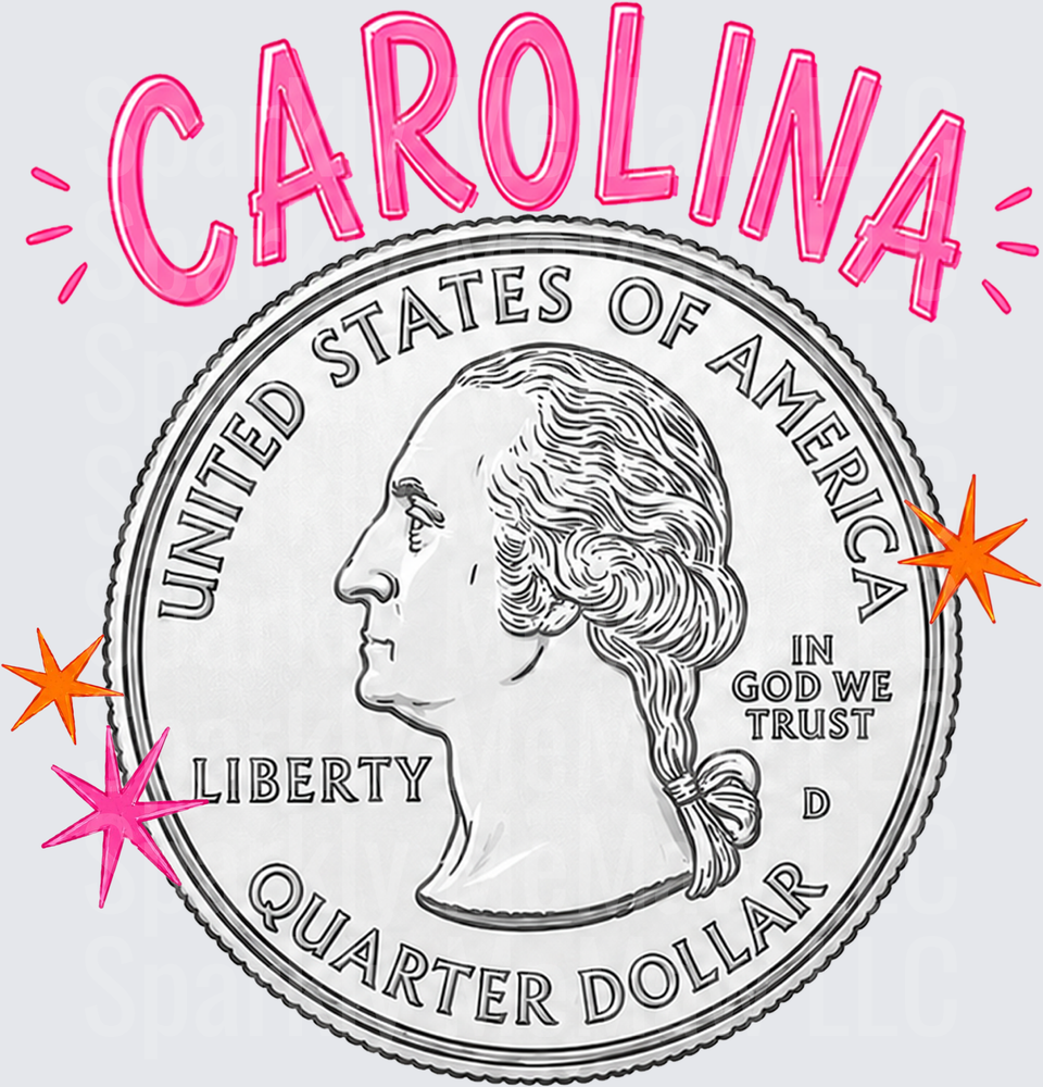 Carolina Quarter Dollar Coin with Pink Lettering and Star Accents DTF Transfer for Fabric
