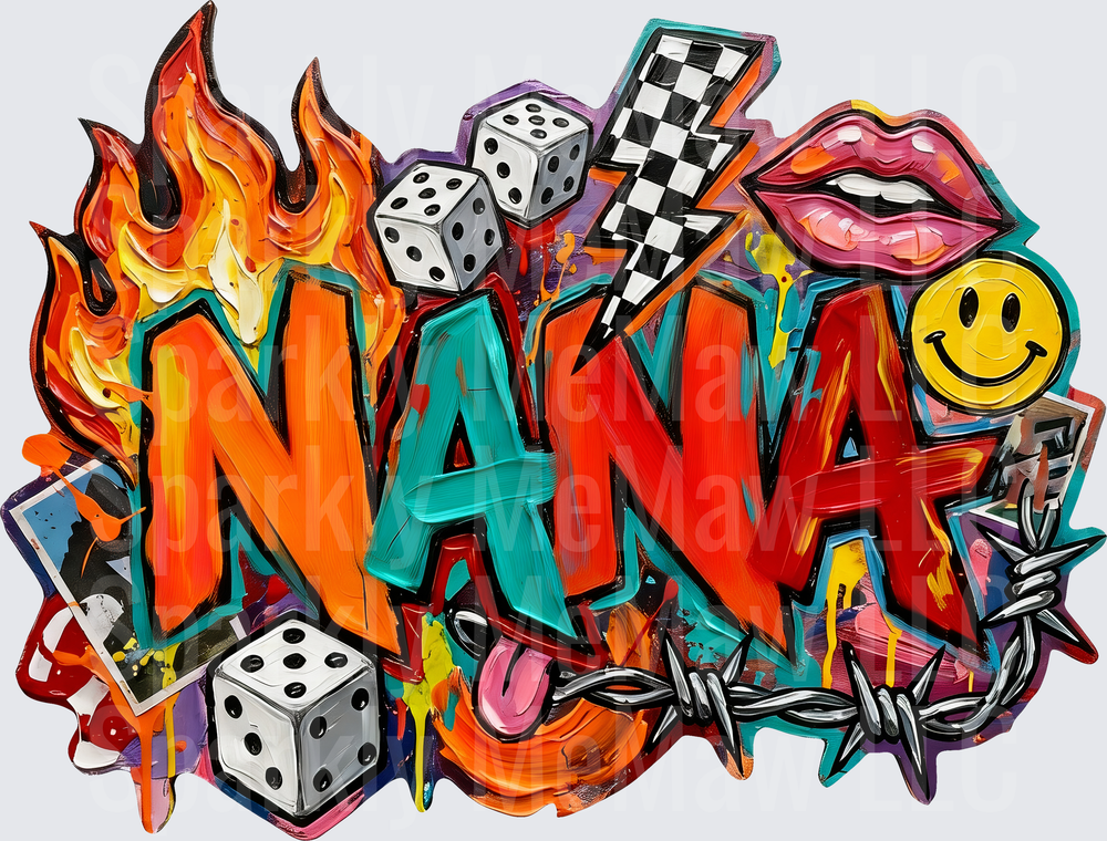 UV DTF Decal Nana Graffiti with Flames Dice and Pop Culture Elements