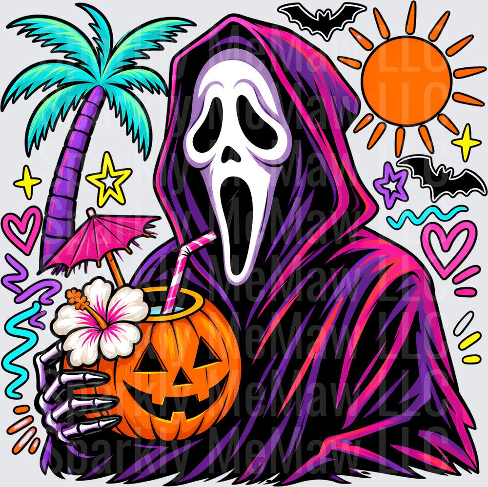 Ghostface Scream Mask Tropical Halloween Pumpkin Cocktail Colorful Summer Vibes DTF Transfer for Fabrics