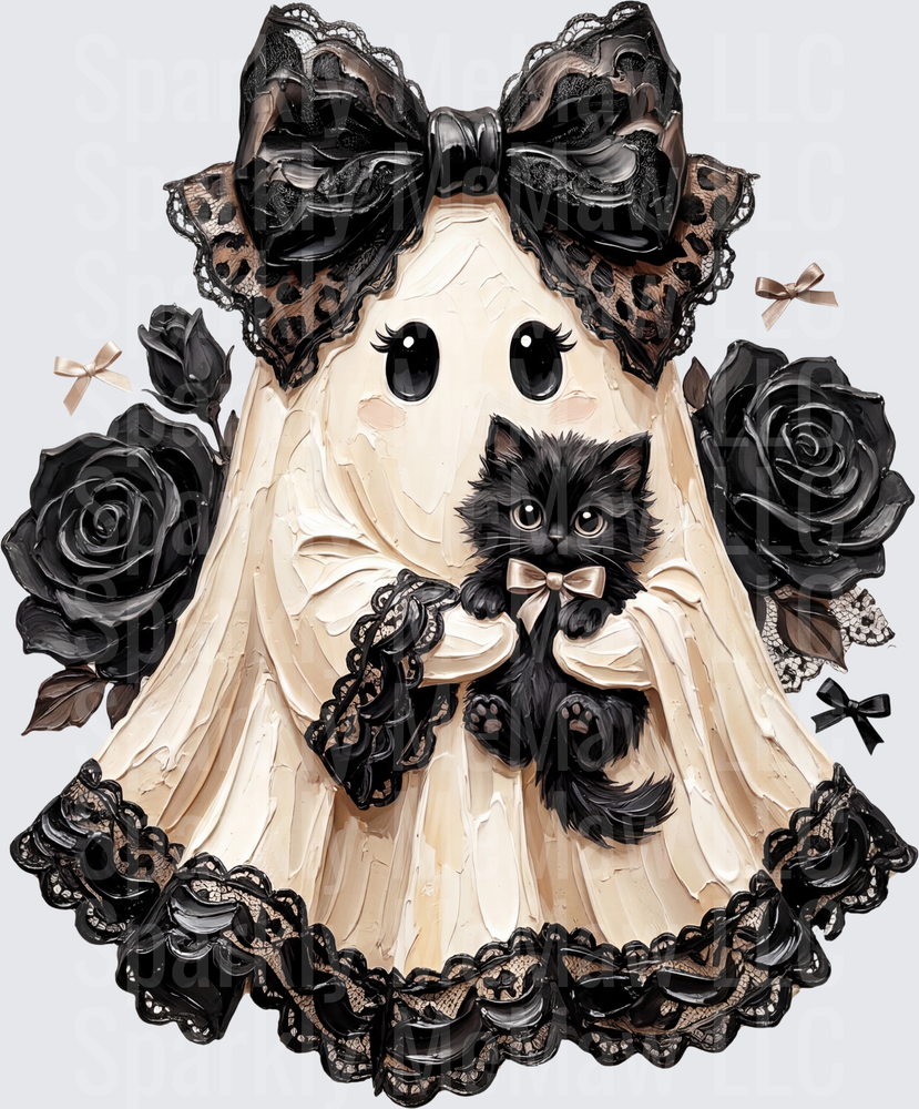 Cute Gothic Lolita Ghost with Black Kitten and Black Roses UV DTF Decal