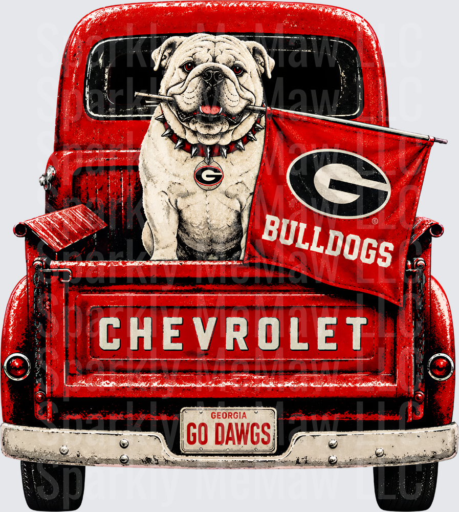 Georgia Bulldogs Mascot Bulldog in Vintage Red Chevrolet Truck Go Dawgs Fan Flag DTF Transfer for fabrics