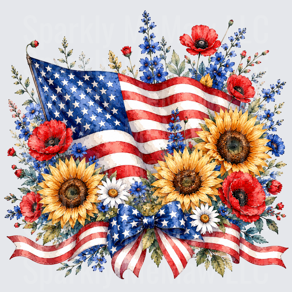 Patriotic American Flag Wildflower Bouquet with Sunflowers Poppies and Daisies UV DTF Decal