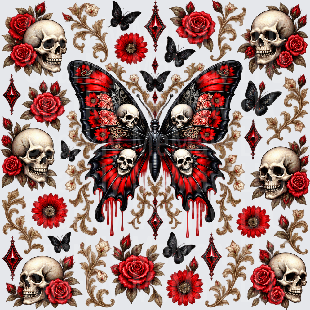 Gothic Skull Butterfly Red Roses is a 10x10 UV DTF Cut and stick sheet