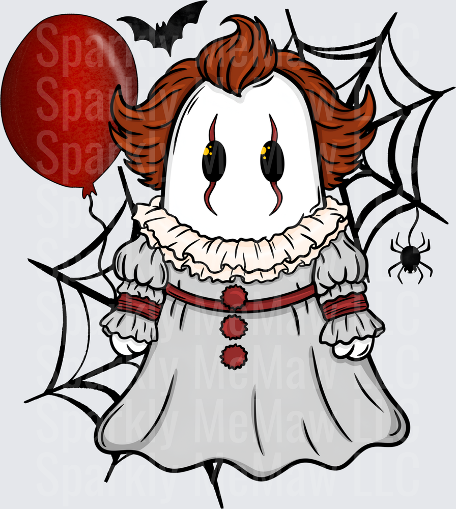 Cute Chibi Pennywise IT Clown Ghost Red Balloon Spider Web Bats Halloween Horror DTF Transfer for Fabrics
