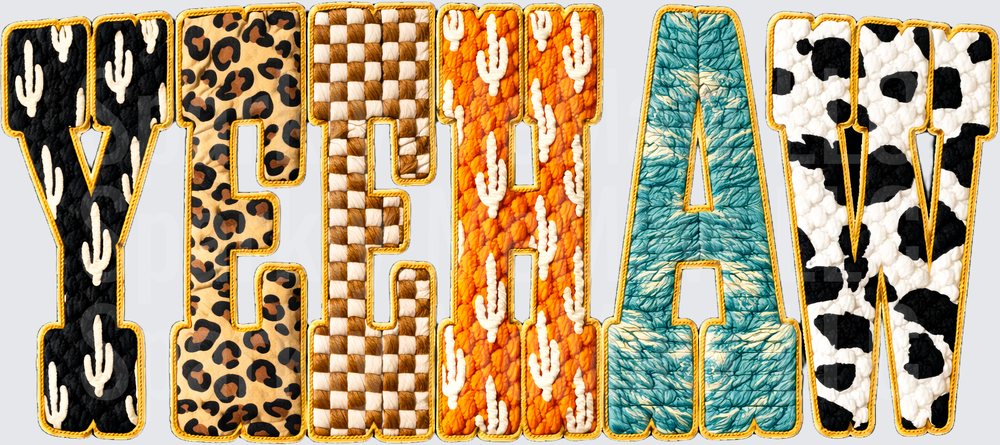 Yeehaw Western Mixed Pattern Faux Embroidery Patch Letter Design DTF Transfer for fabrics featuring leopard print, checker, cactus, turquoise leather, and cow print textures with gold rope border