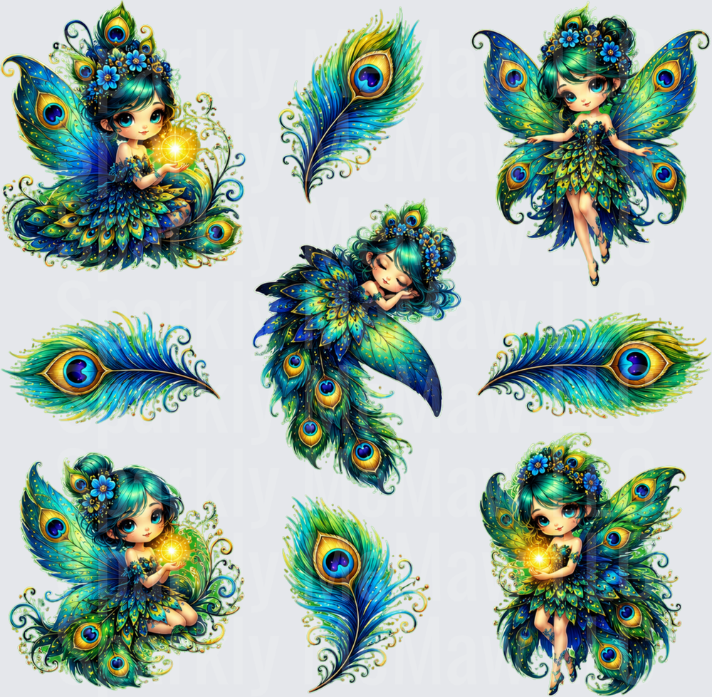 Chibi Peacock Fairy Girls with Iridescent Feather Wings and Glowing Magic Bundle UV DTF 10x10 Element Sheet
