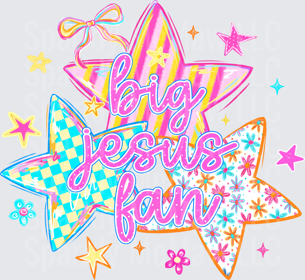 Big Jesus Fan DTF Transfer for Fabric with Colorful Stars Bow and Floral Patterns