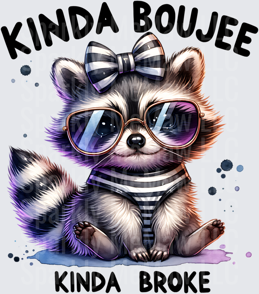 Kinda Boujee Kinda Broke Raccoon with Sunglasses and Bow Tie UV DTF Decal