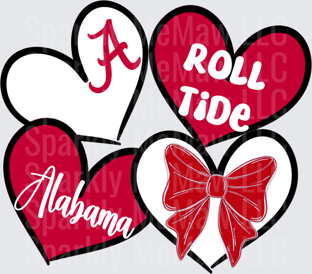 Alabama Roll Tide Heart Clover with Red Bow DTF Transfer for Fabric
