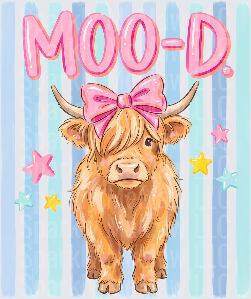 MOO-D Highland Cow with Pink Bow on Striped Background UV DTF Decal