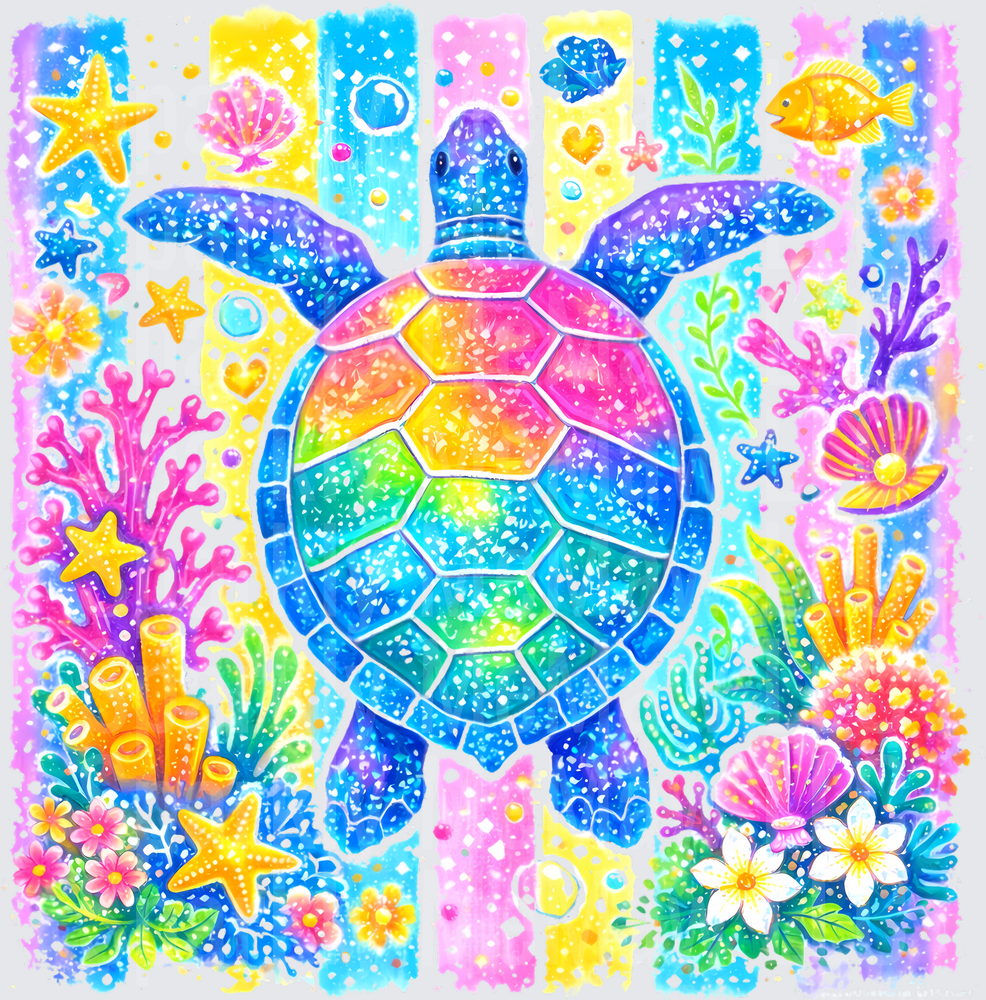 Colorful Rainbow Sea Turtle Swimming Through Coral Reef Garden UV DTF Decal