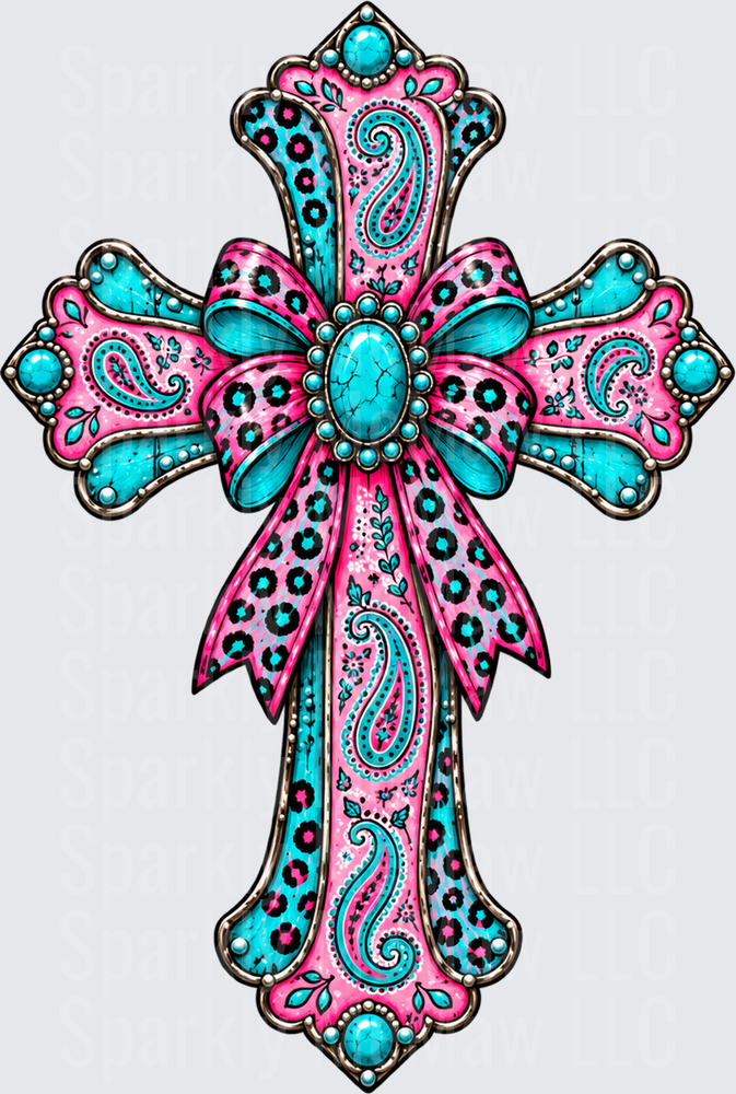 Hot Pink Turquoise Paisley Cross UV DTF Decal