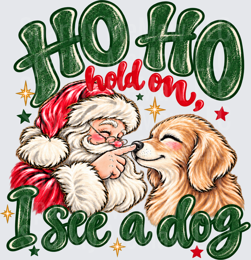 Ho Ho Hold On Dog Santa DTF Transfer for Fabrics