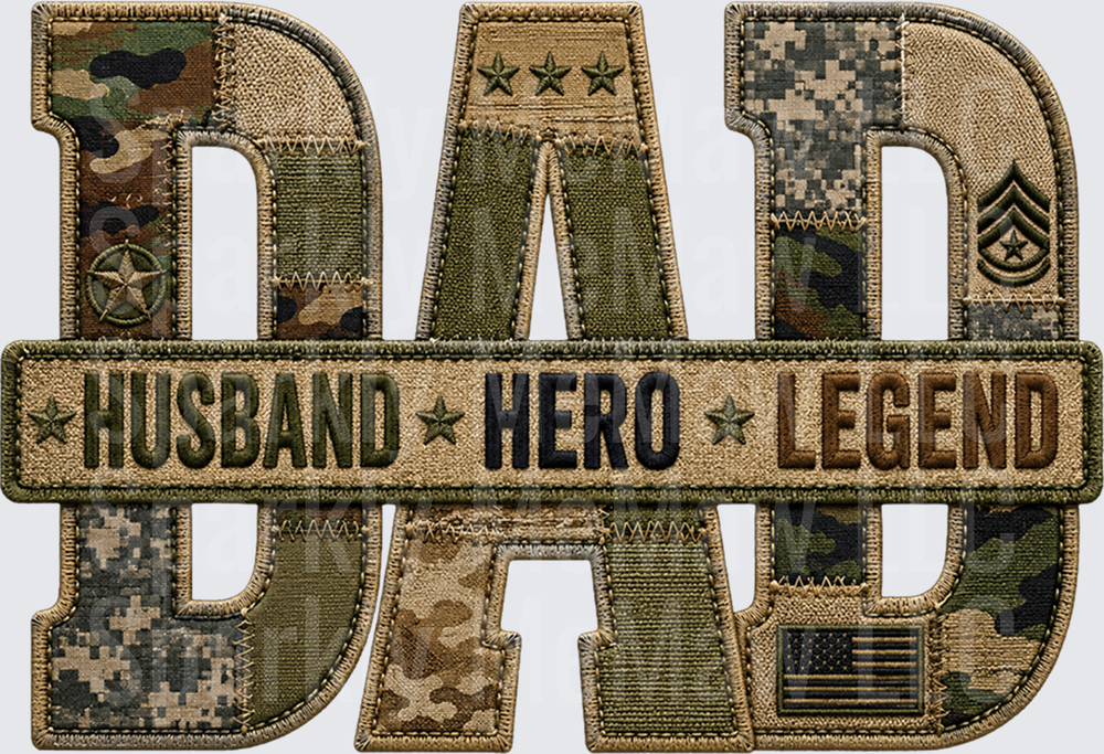 Military Camouflage DAD Husband Hero Legend Patch Style DTF Transfer for Fabric