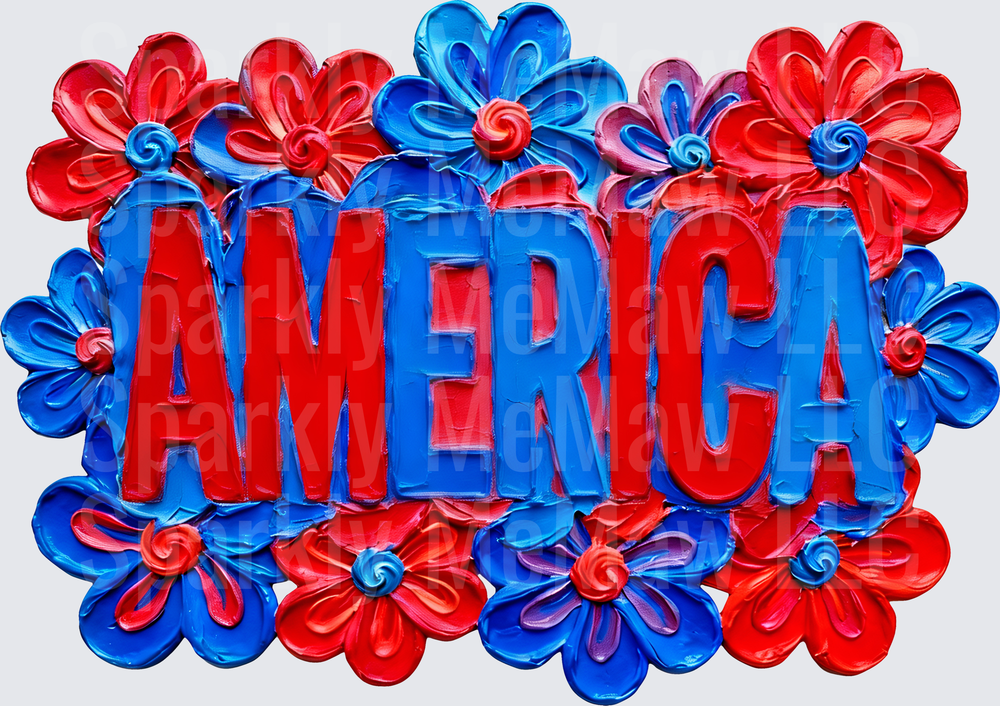 America Text with Red White and Blue Patriotic Flowers UV DTF Decal