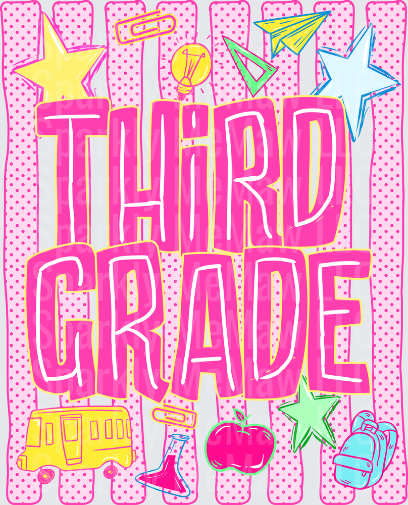 Third Grade School Year DTF Transfer Design with Apple Stars Paper Airplane and School Bus Elements