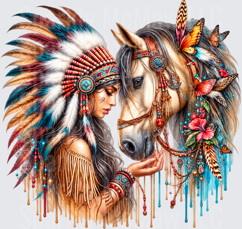 Native Woman Horse Bond DTF Transfer for Fabrics
