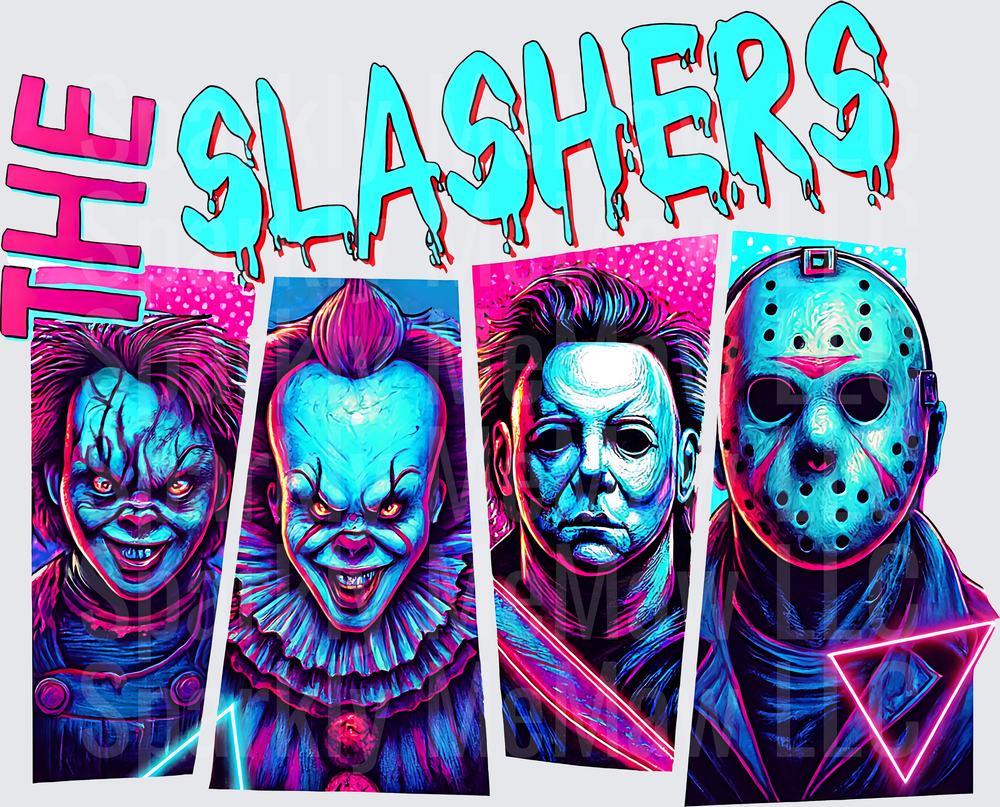 The Slashers DTF Transfer - Chucky Pennywise Michael Myers Jason Voorhees Horror Movie Villains Neon Synthwave Style DTF Transfer for Fabric