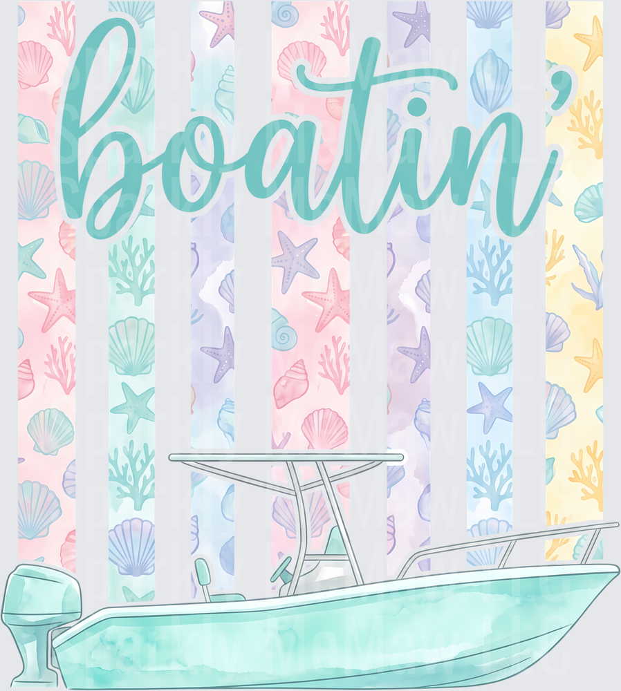 Boatin' Nautical Boat with Pastel Sea Life Pattern UV DTF Decal