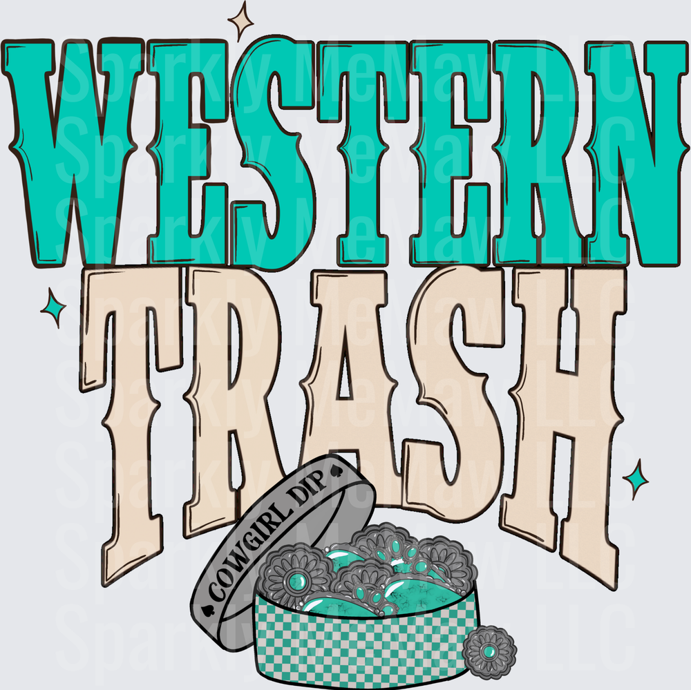 Western Trash Cowgirl Dip Can with Teal Typography UV DTF Decal