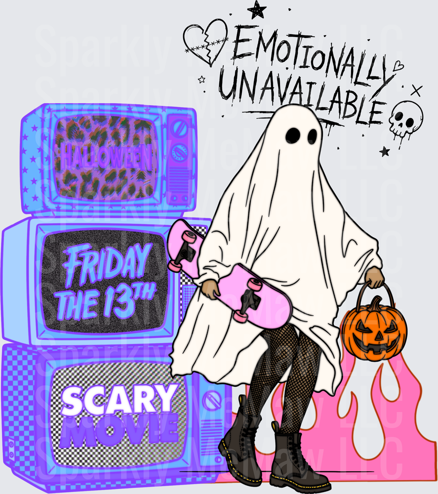 Emotionally Unavailable Ghost Girl Friday the 13th Retro TV Halloween DTF Transfer for Fabric