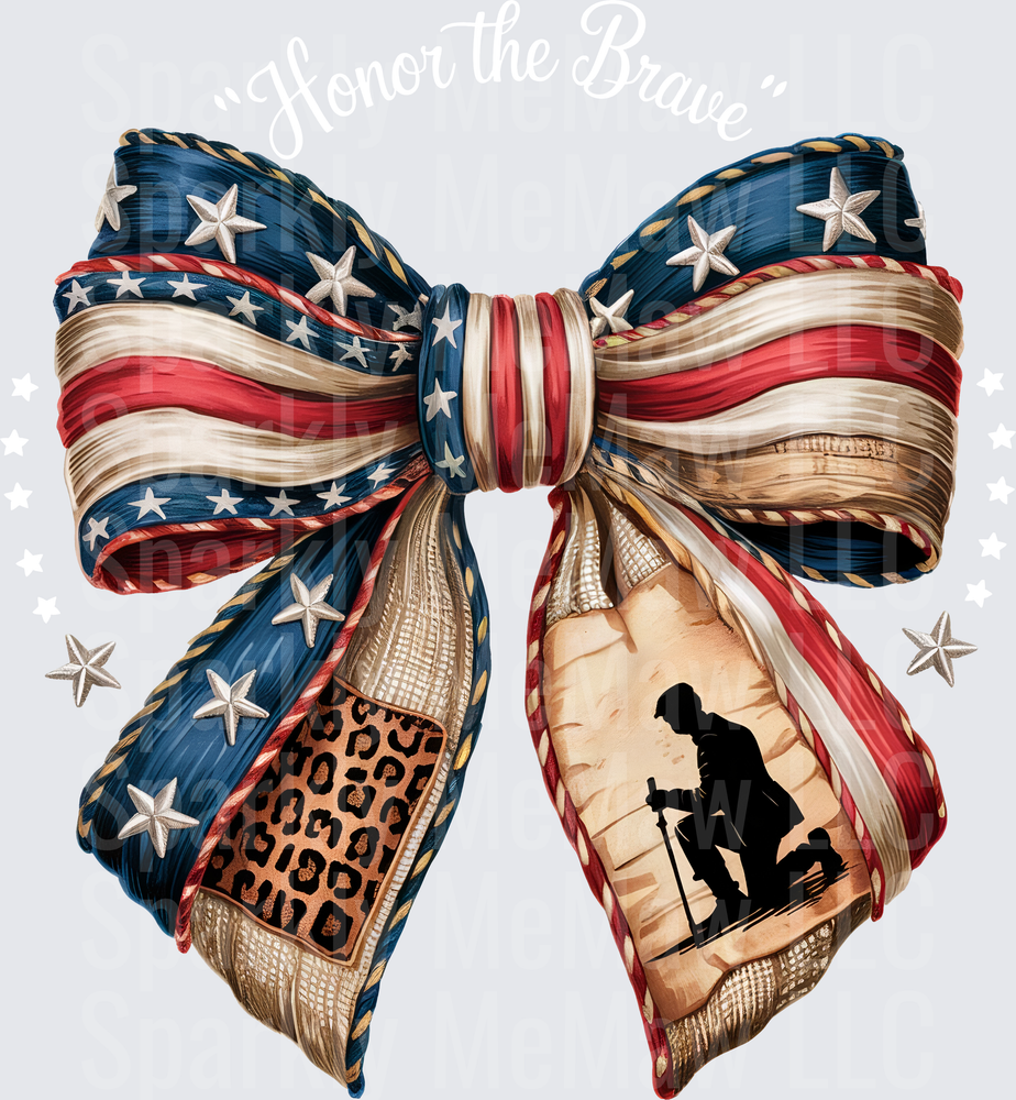 Patriotic Bow with Military Soldier Silhouette Stars Stripes Leopard Print UV DTF Decal