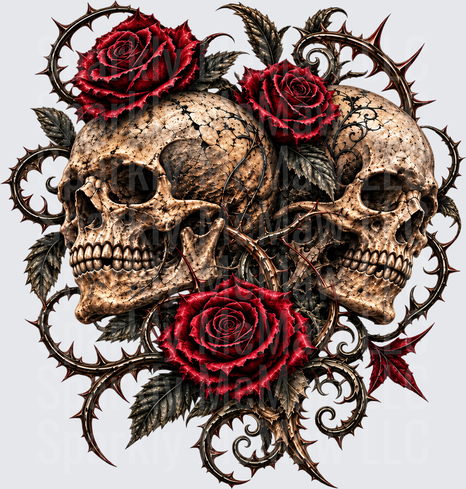 Dual Skulls Red Roses Thorns is a DTF Transfer for Fabrics