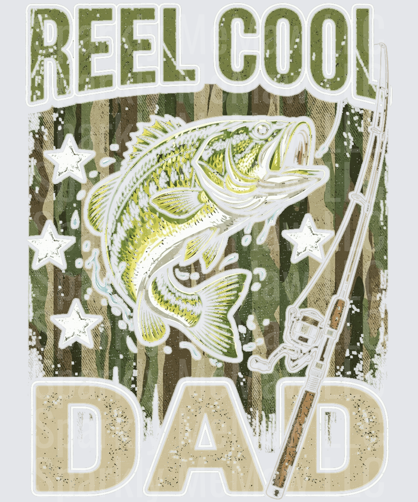 Reel Cool Dad Fishing Bass with Rod and Stars Camouflage Design UV DTF Decal