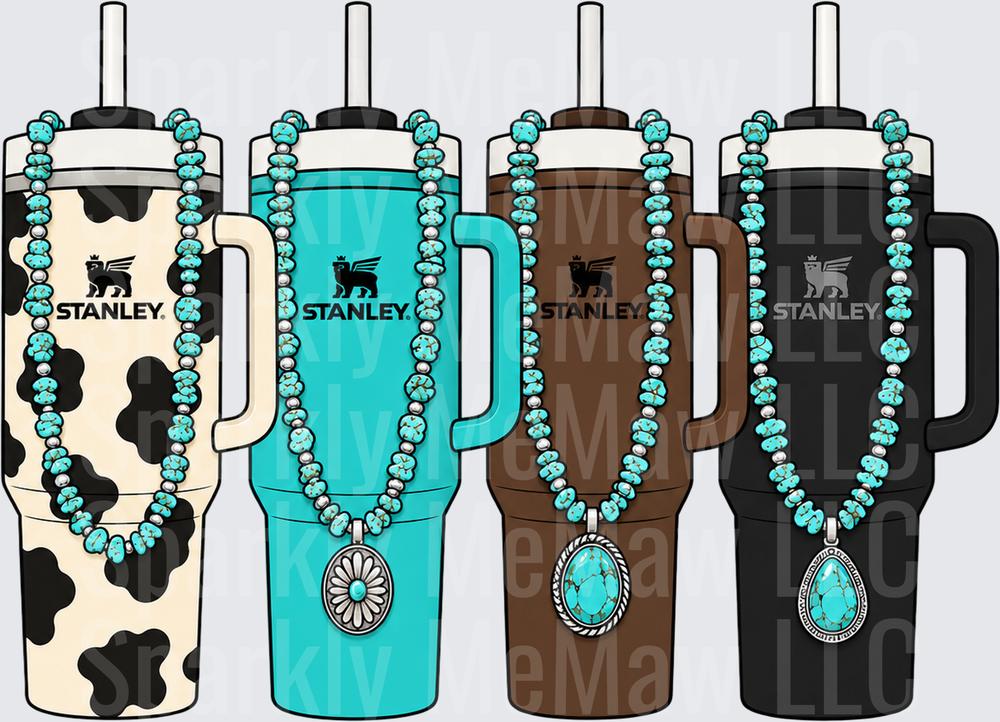 Four Stanley Tumblers Turquoise Beads this is a UV DTF DECAL (HARD SMOOTH SURFACE)
