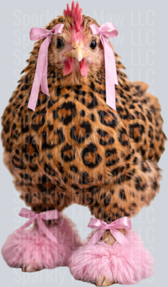 Leopard Print Chicken with Pink Ribbons and Slippers UV DTF Decal