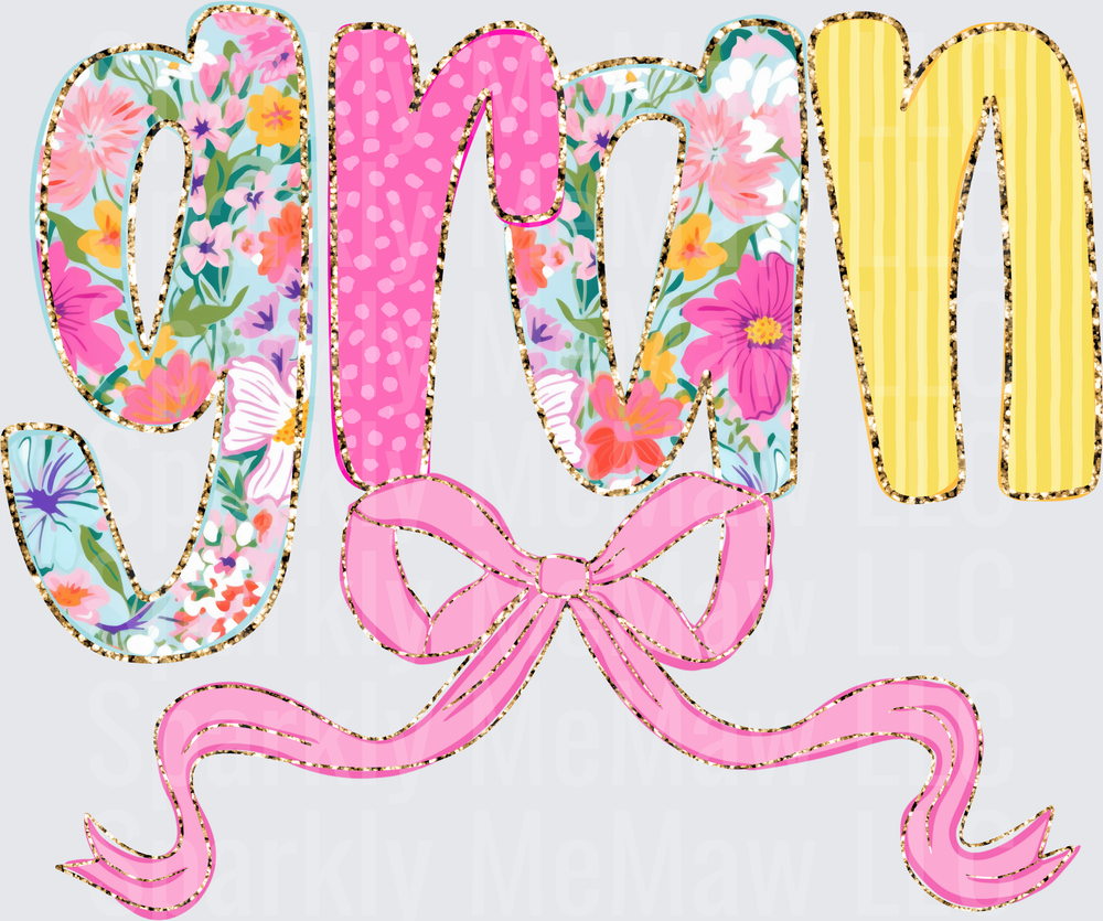 Mom Text with Floral Patterns and Pink Bow Ribbon UV DTF Decal