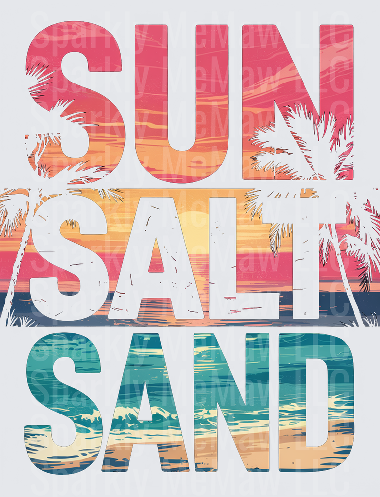 UV DTF Decal Sun Salt Sand Beach Typography with Palm Trees and Ocean Waves