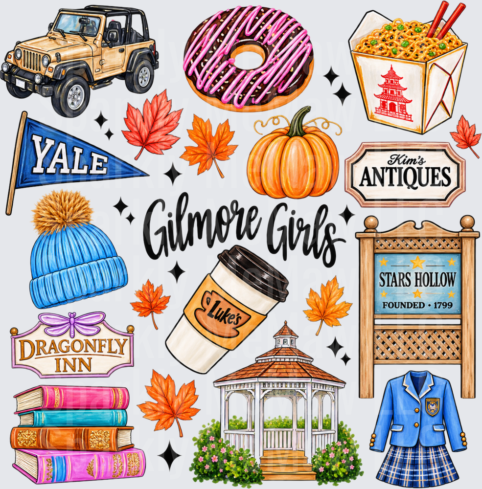 Gilmore Girls Icons Collage - this is a 10 inch cut and stick UV Decal Sheet