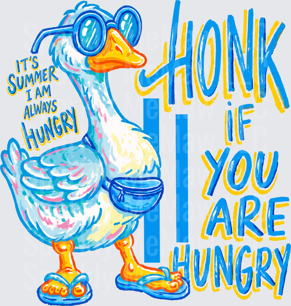 Summer Goose Wearing Sunglasses DTF Transfer - Honk If You Are Hungry Quote Design for Fabric