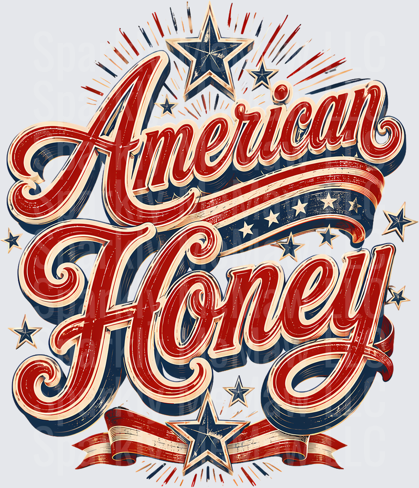 American Honey Vintage Script with Stars and Stripes Patriotic Design UV DTF Decal
