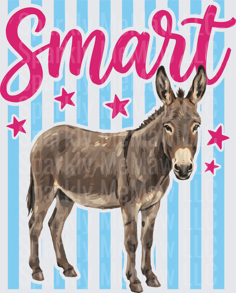 Smart Donkey with Pink Stars on Blue Stripes DTF Transfer for Fabric
