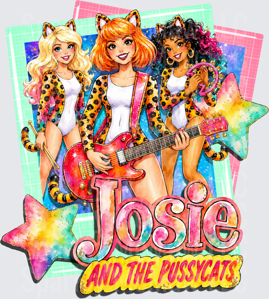 Josie and the Pussycats Retro Band Girl Group with Leopard Print Jackets and Electric Guitar DTF Transfer for Fabric