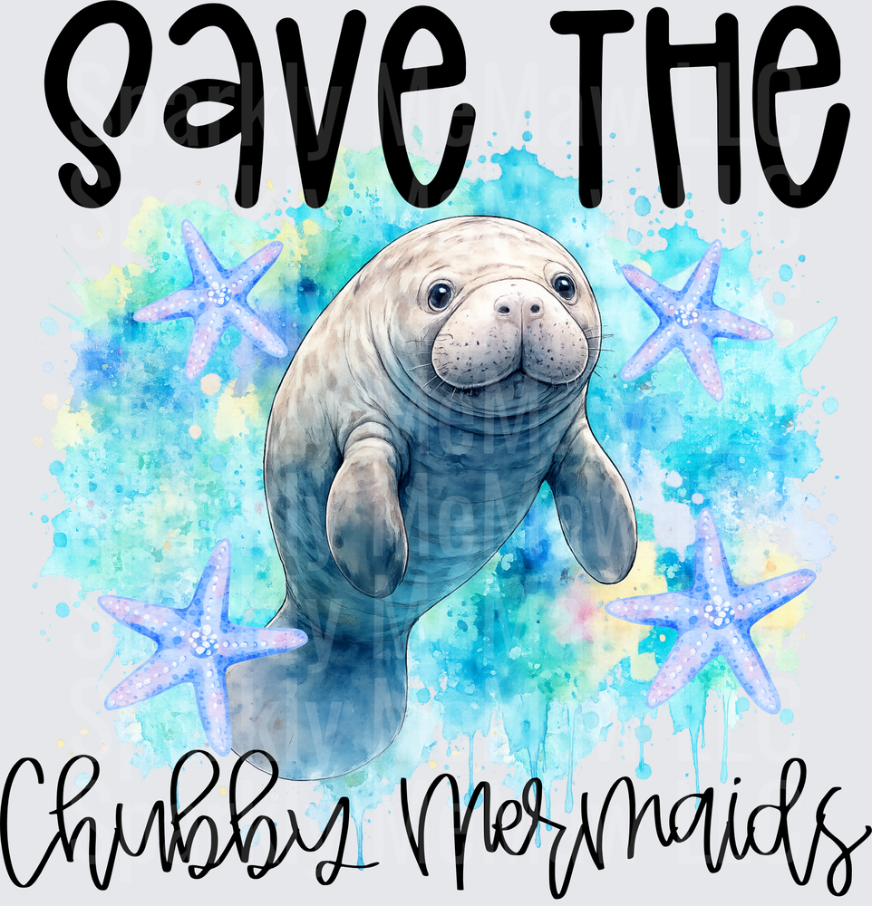Save The Chubby Mermaids Manatee Watercolor Starfish UV DTF Decal