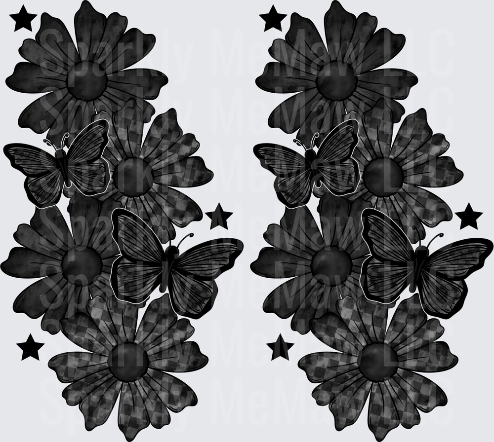 UV DTF Decal Black Daisy Floral Bouquet with Butterflies and Stars Mirrored Pair Design