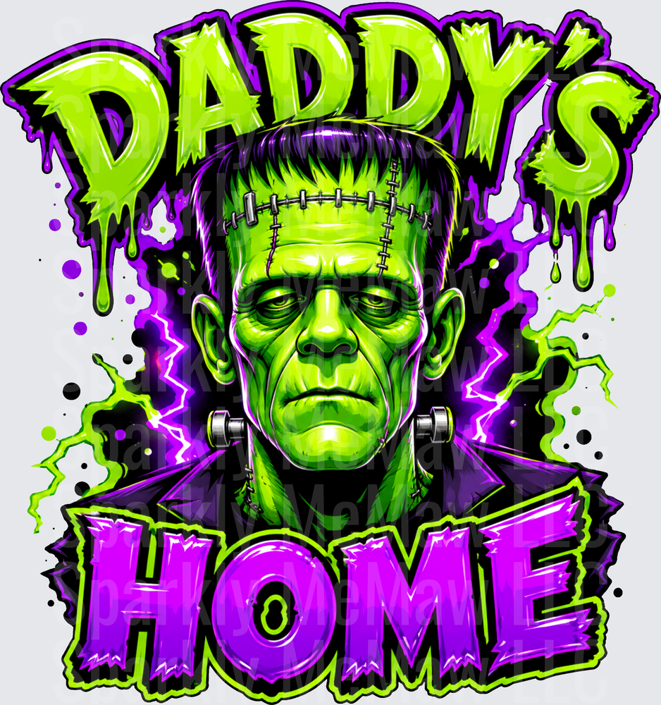 Daddy's Home Frankenstein's Monster Halloween UV DTF Decal with Neon Green and Purple Dripping Text and Lightning Bolts