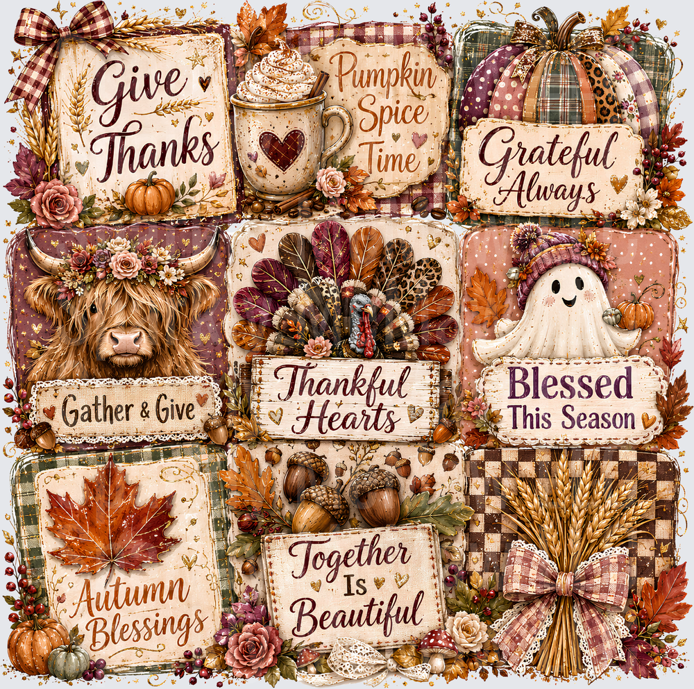 Autumn Thanksgiving Quote Grid DTF Transfer for fabrics
