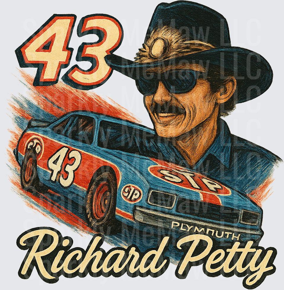 Richard Petty Number 43 Plymouth Racing Car with Driver Portrait UV DTF Decal