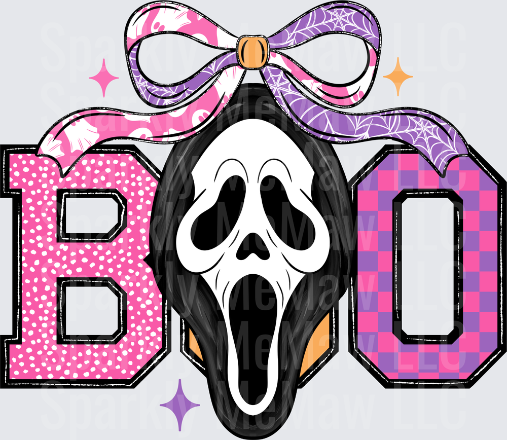 Scream Ghostface Mask BOO Halloween Design with Pink Purple Bow and Sparkles UV DTF Decal