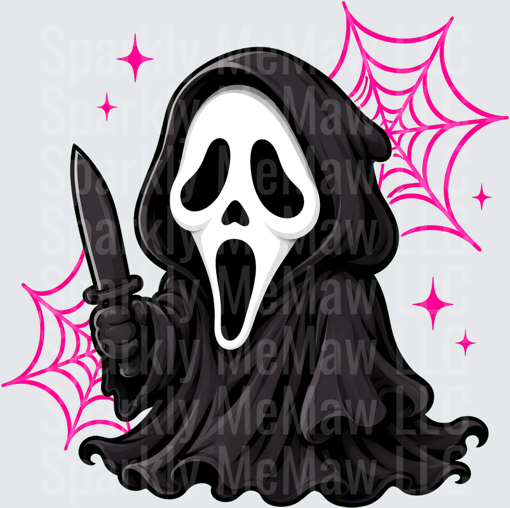 Cute Ghostface Scream Chibi with Knife Pink Spider Webs and Sparkles DTF Transfer for Fabrics