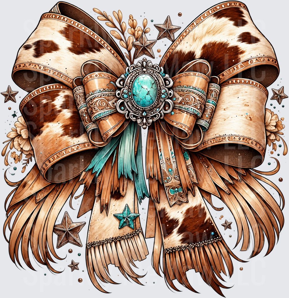 Western Cowhide Bow Turquoise Concho is a DTF Transfer for Fabrics