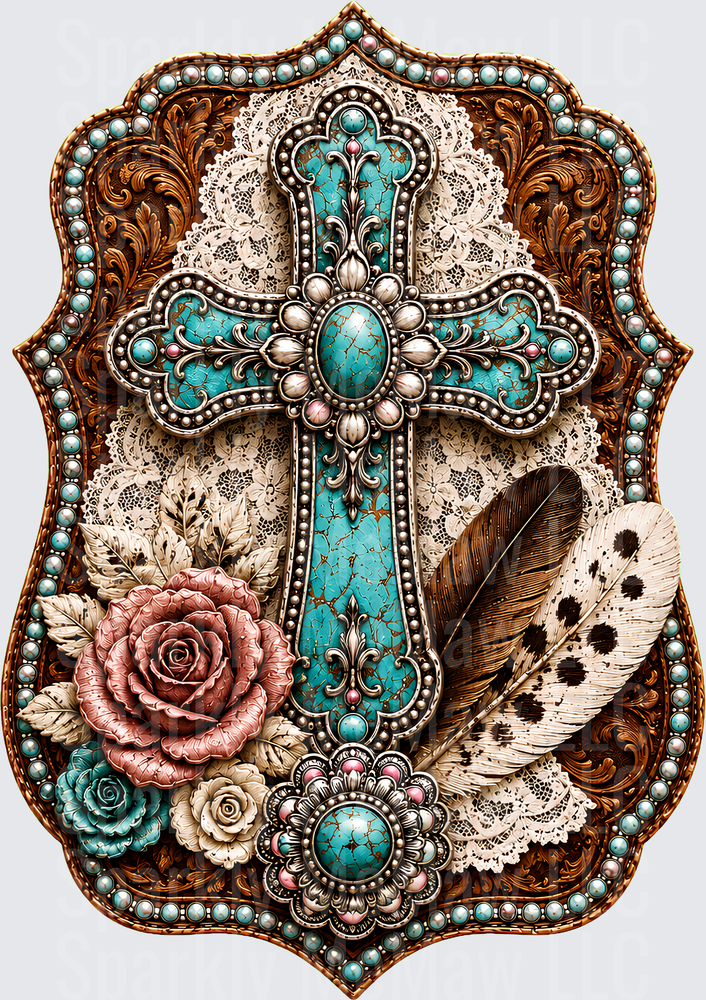 Turquoise Western Cross Floral UV DTF Decal