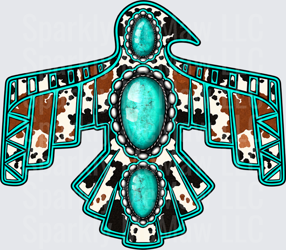 Turquoise Thunderbird Cowhide is a DTF Transfer for Fabrics